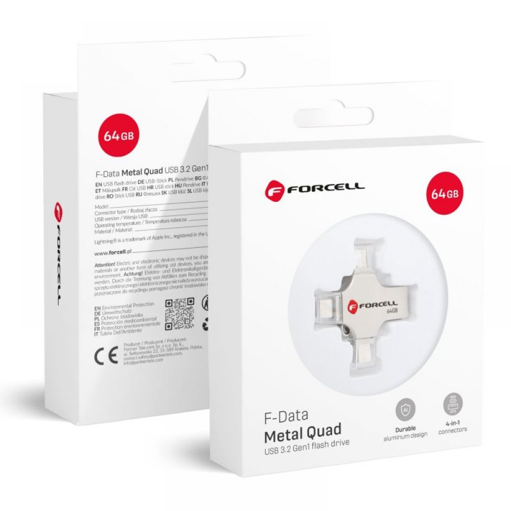 FORCELL F-DATA Metal Quad 64 GB USB fles USB 3.2 Gen 1 (USB A/Type C/Lightning/Micro USB) srebrni