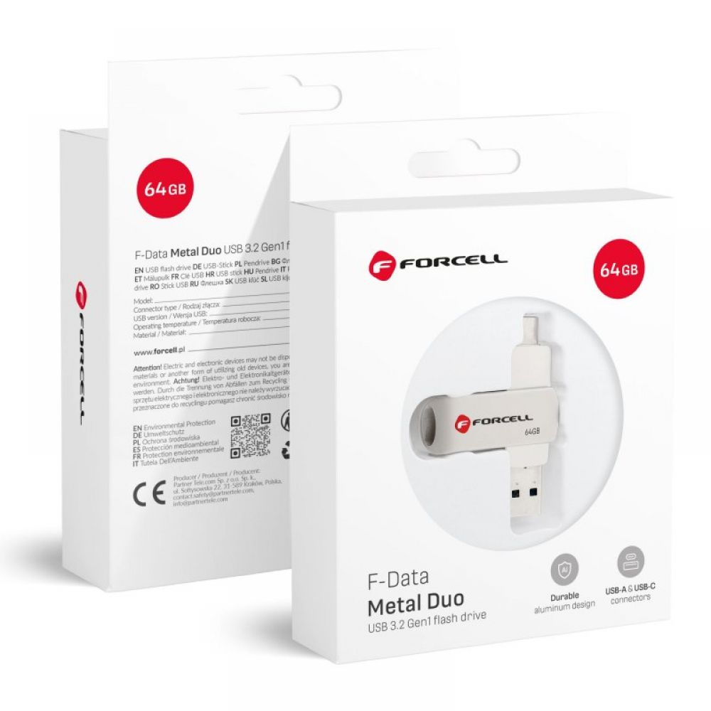 FORCELL F-DATA Metal Duo 64 GB USB fles USB 3.2 Gen 1 (USB A/Type C) srebrni