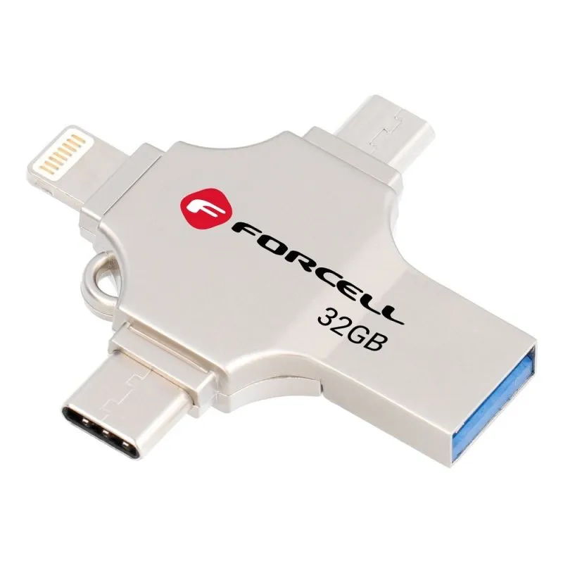 FORCELL F-DATA Metal Quad 32 GB USB fles USB 3.2 Gen 1 (USB A/Type C/Lightning/Micro USB) srebrni