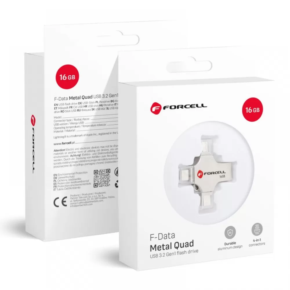FORCELL F-DATA Metal Quad 16 GB USB fles USB 3.2 Gen 1 (USB A/Type C/Lightning/Micro USB) srebrni