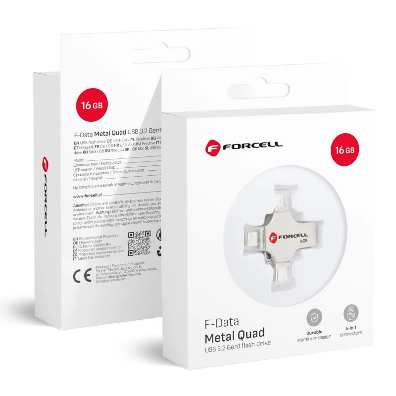 FORCELL F-DATA Metal Quad 16 GB USB fles USB 3.2 Gen 1 (USB A/Type C/Lightning/Micro USB) srebrni