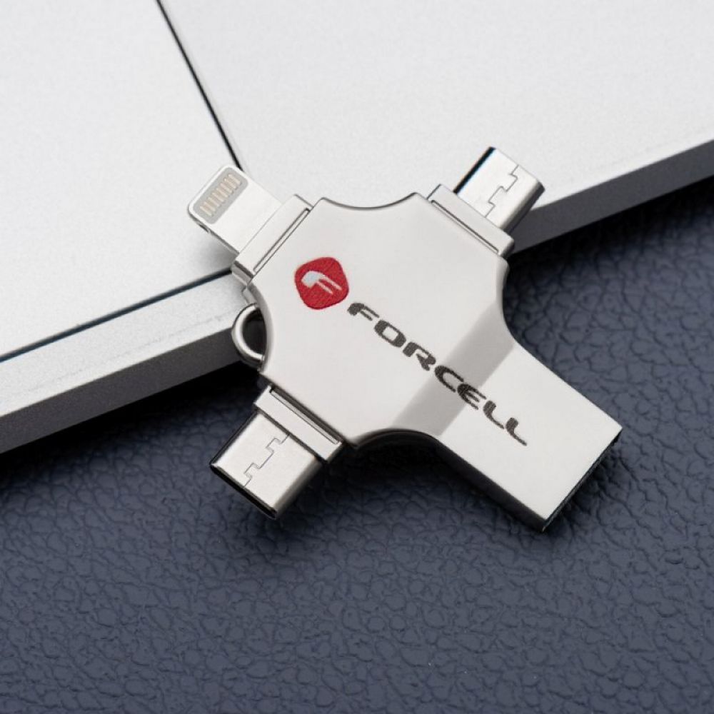 FORCELL F-DATA Metal Quad 16 GB USB flash USB 3.2 Gen 1 (USB A/Type C/Lightning/Micro USB) srebrni
