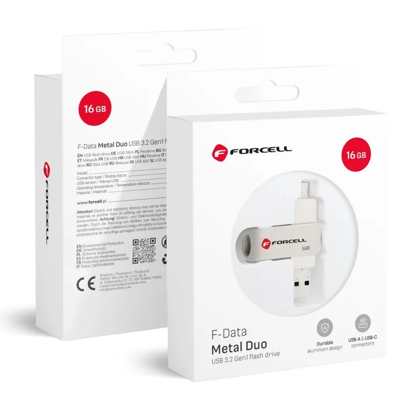 FORCELL F-DATA Metal Duo 16 GB USB fles USB 3.2 Gen 1 (USB A/Type C) srebrni
