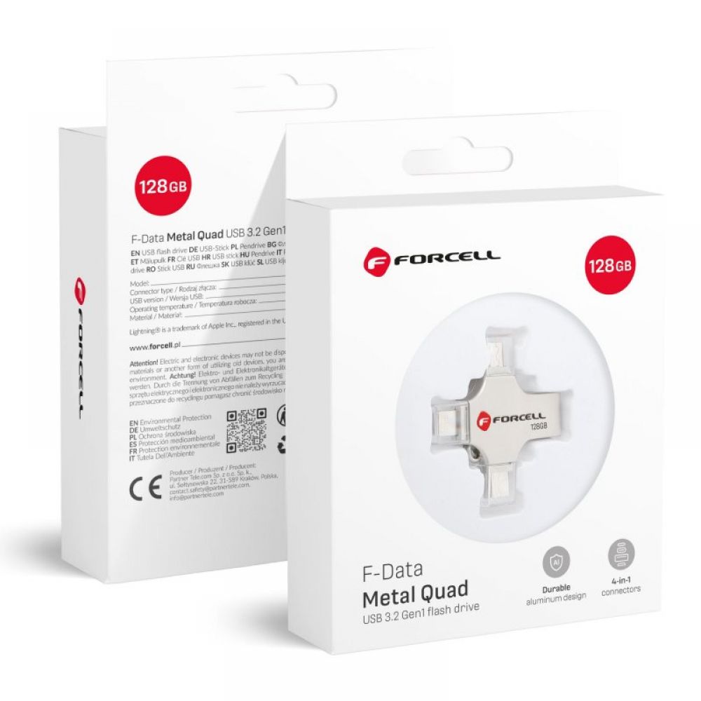 FORCELL F-DATA Metal Quad 128 GB USB flash USB 3.2 Gen 1 (USB A/Type C/Lightning/Micro USB) srebrni
