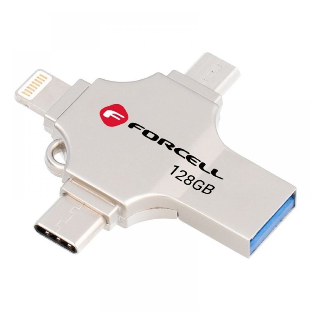 FORCELL F-DATA Metal Quad 128 GB USB flash USB 3.2 Gen 1 (USB A/Type C/Lightning/Micro USB) srebrni