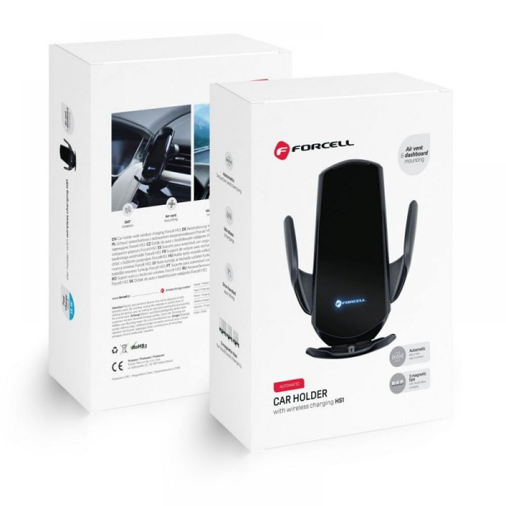 FORCELL drzac za automobil sa bezicnim punjenjem, automatskim senzorom + magnetnim adapterima HS1 15W crni