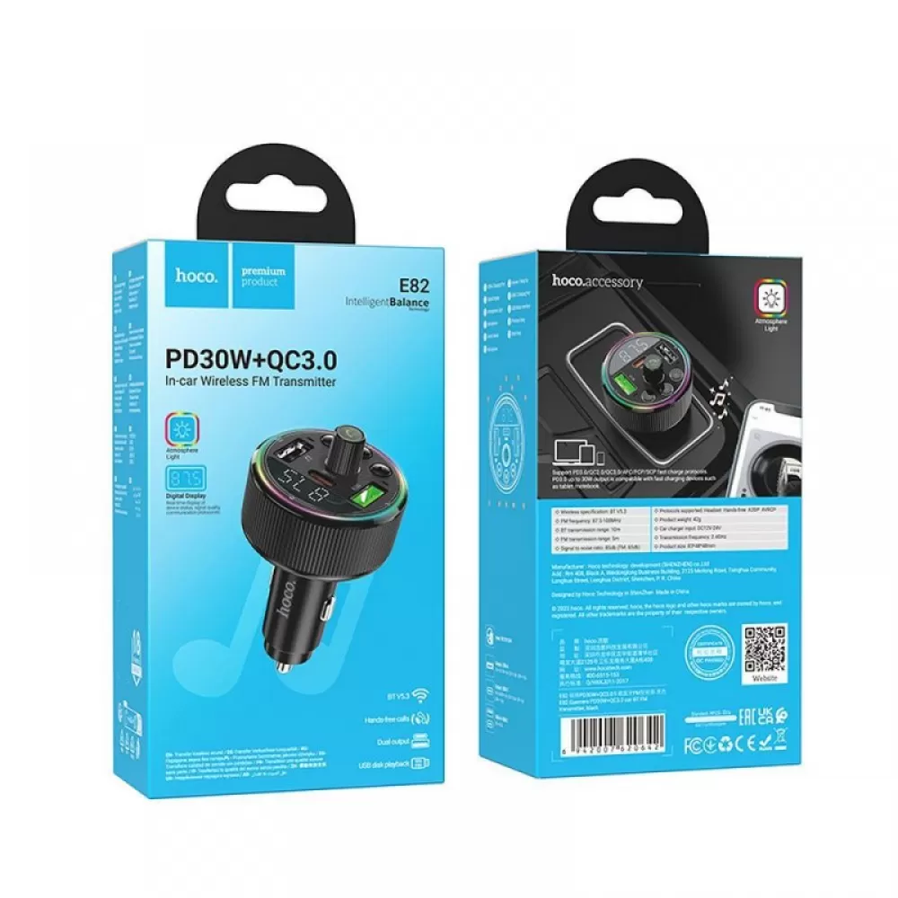 HOCO auto transmiter FM bluetooth 2 x USB A + Type C PD QC3.0 30W E82 crni