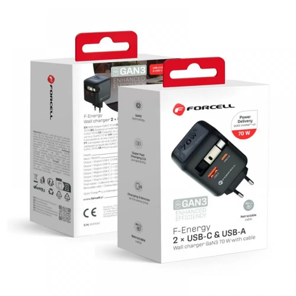 FORCELL F-ENERGY GaN III VT-R7 putni punjac sa uvlacivim kablom Type C i 1x Type C, 1x USB A prikljuccima za punjenje PD QC4.0 3A 70W sivi