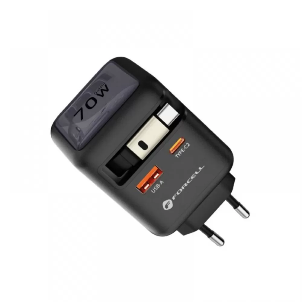 FORCELL F-ENERGY GaN III VT-R7 putni punjac sa uvlacivim kablom Type C i 1x Type C, 1x USB A prikljuccima za punjenje PD QC4.0 3A 70W sivi