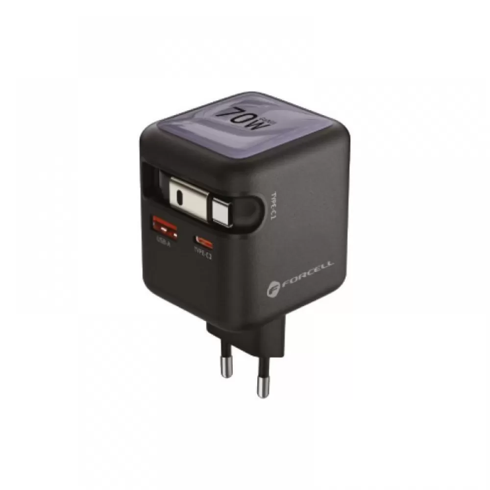 FORCELL F-ENERGY GaN III VT-R7 putni punjac sa uvlacivim kablom Type C i 1x Type C, 1x USB A prikljuccima za punjenje PD QC4.0 3A 70W sivi