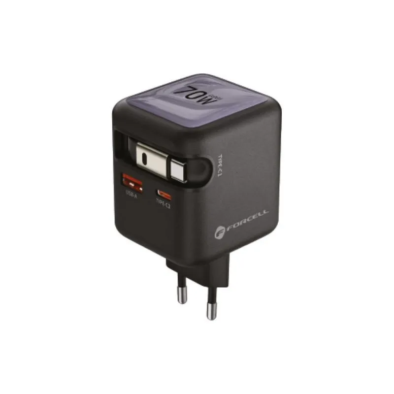 FORCELL F-ENERGY GaN III VT-R7 putni punjac sa uvlacivim kablom Type C i 1x Type C, 1x USB A prikljuccima za punjenje PD QC4.0 3A 70W sivi