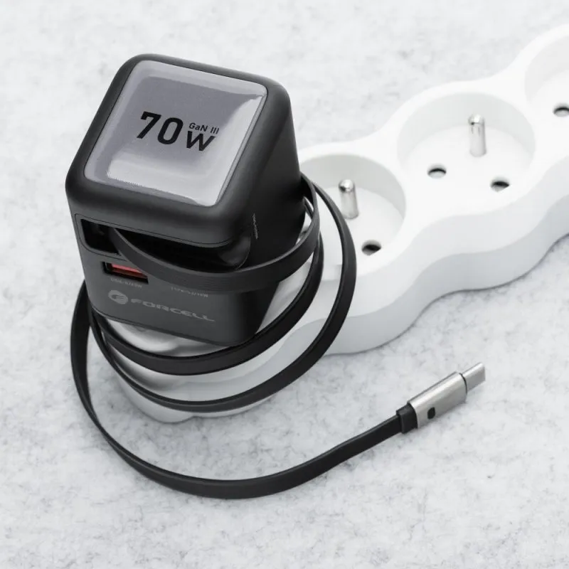 FORCELL F-ENERGY GaN III VT-R7 putni punjac sa uvlacivim kablom Type C i 1x Type C, 1x USB A prikljuccima za punjenje PD QC4.0 3A 70W sivi