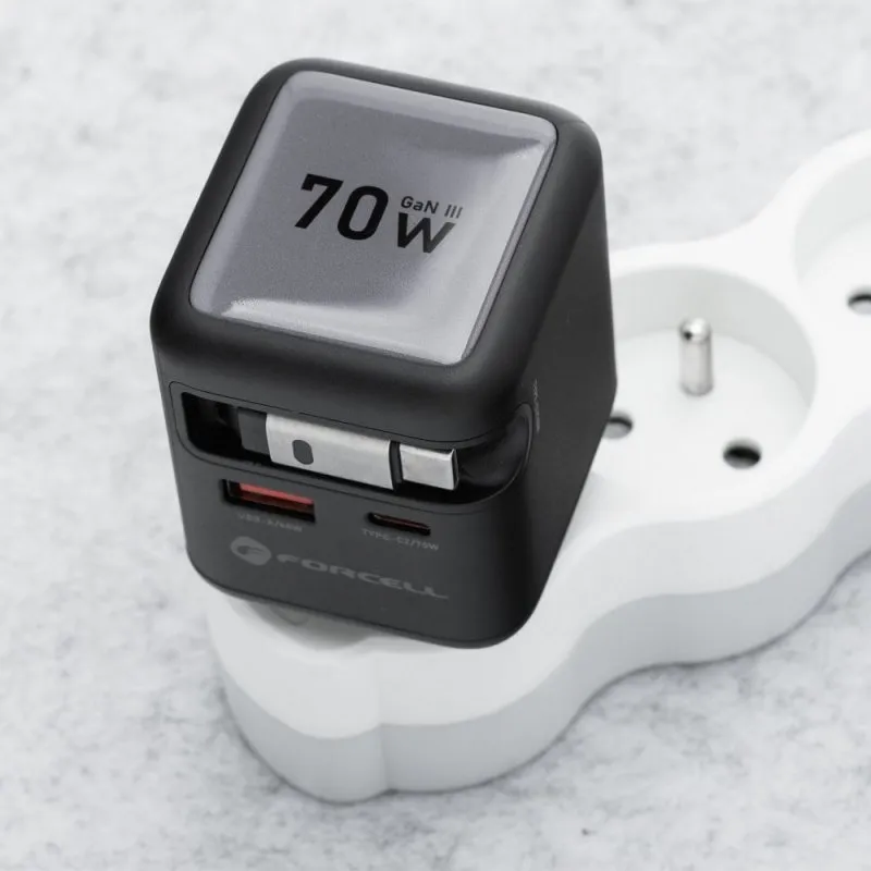 FORCELL F-ENERGY GaN III VT-R7 putni punjac sa uvlacivim kablom Type C i 1x Type C, 1x USB A prikljuccima za punjenje PD QC4.0 3A 70W sivi