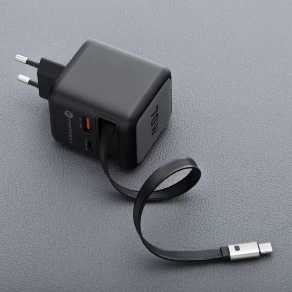FORCELL F-ENERGY GaN III VT-R7 putni punjac sa uvlacivim kablom Type C i 1x Type C, 1x USB A prikljuccima za punjenje PD QC4.0 3A 70W sivi
