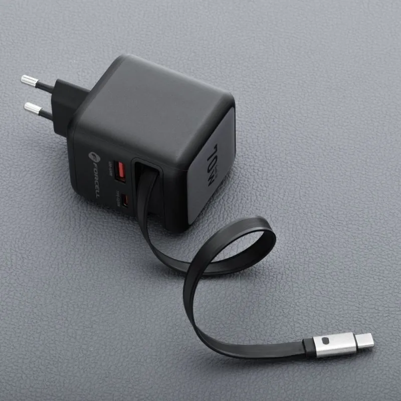 FORCELL F-ENERGY GaN III VT-R7 putni punjac sa uvlacivim kablom Type C i 1x Type C, 1x USB A prikljuccima za punjenje PD QC4.0 3A 70W sivi