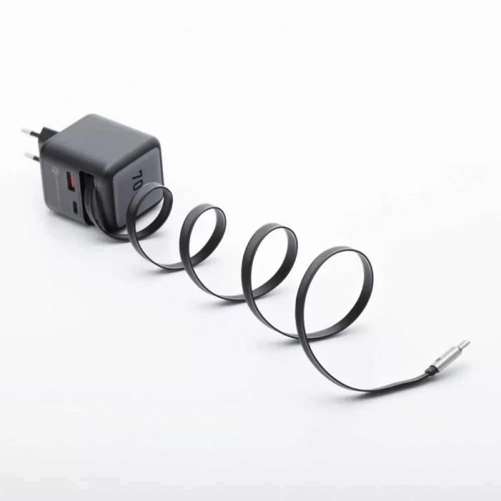 FORCELL F-ENERGY GaN III VT-R7 putni punjac sa uvlacivim kablom Type C i 1x Type C, 1x USB A prikljuccima za punjenje PD QC4.0 3A 70W sivi