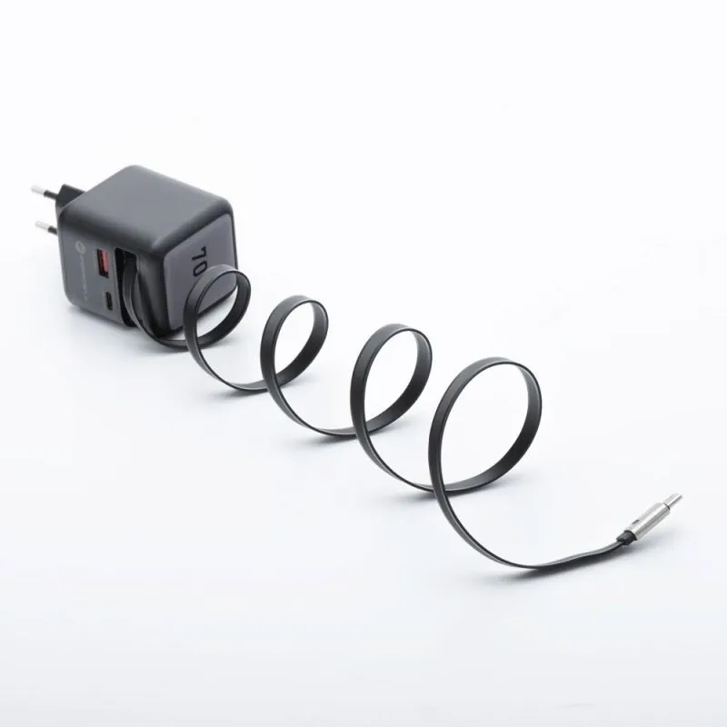 FORCELL F-ENERGY GaN III VT-R7 putni punjac sa uvlacivim kablom Type C i 1x Type C, 1x USB A prikljuccima za punjenje PD QC4.0 3A 70W sivi