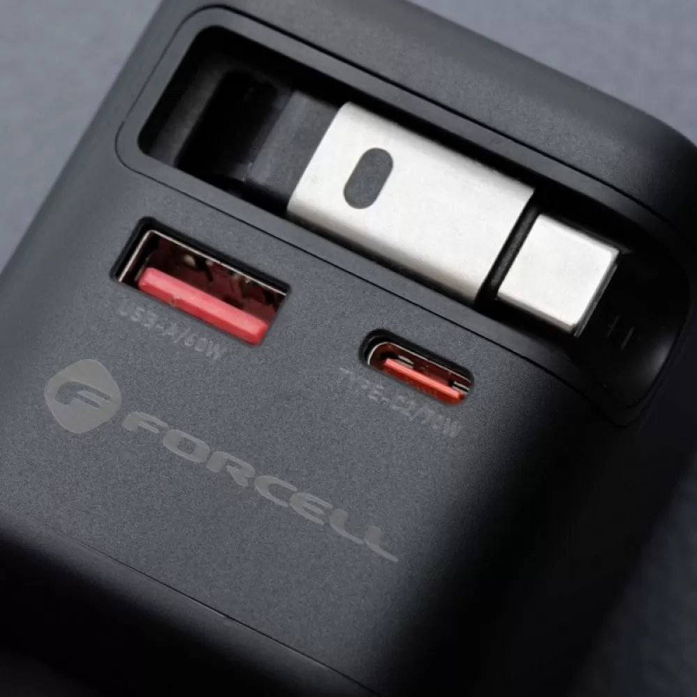 FORCELL F-ENERGY GaN III VT-R7 putni punjac sa uvlacivim kablom Type C i 1x Type C, 1x USB A prikljuccima za punjenje PD QC4.0 3A 70W sivi