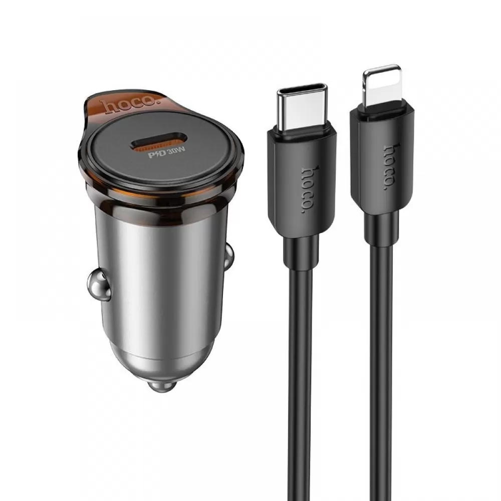 HOCO auto punjac Type C + kabl Type C na Lightning PD QC 30W NZ16 metal sivi