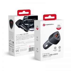 FORCELL F-ENERGY Carbon CC50-1A1C auto punjac Type C + USB A PD QC3.0 3A 38W crni