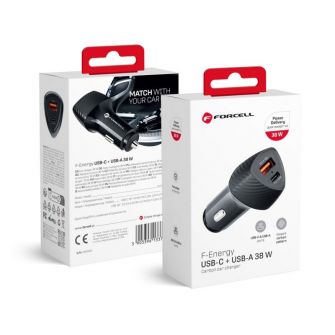 FORCELL F-ENERGY Carbon CC50-1A1C auto punjac Type C + USB A PD QC3.0 3A 38W crni