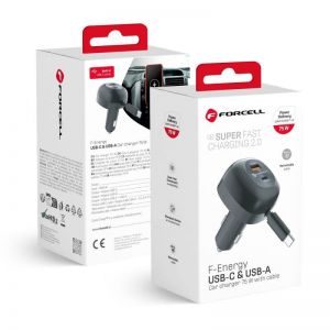 FORCELL F-ENERGY Alu auto punjac sa uvlacivim kablom Type C i Type C + USB A prikljuccima PD QC4.0 SFC2.0 3A 75W crni