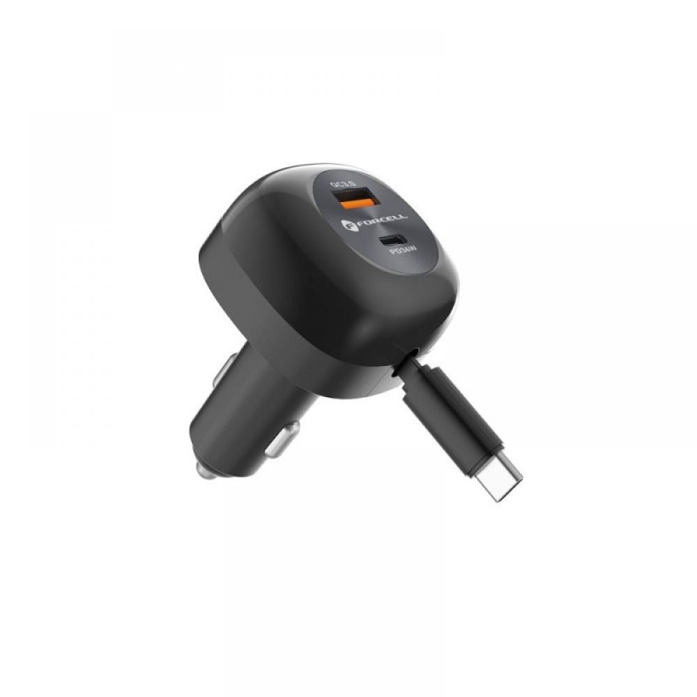 FORCELL F-ENERGY Alu auto punjac sa uvlacivim kablom Type C i Type C + USB A prikljuccima PD QC4.0 SFC2.0 3A 75W crni