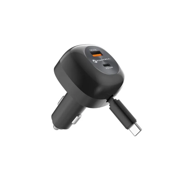 FORCELL F-ENERGY Alu auto punjac sa uvlacivim kablom Type C i Type C + USB A prikljuccima PD QC4.0 SFC2.0 3A 75W crni
