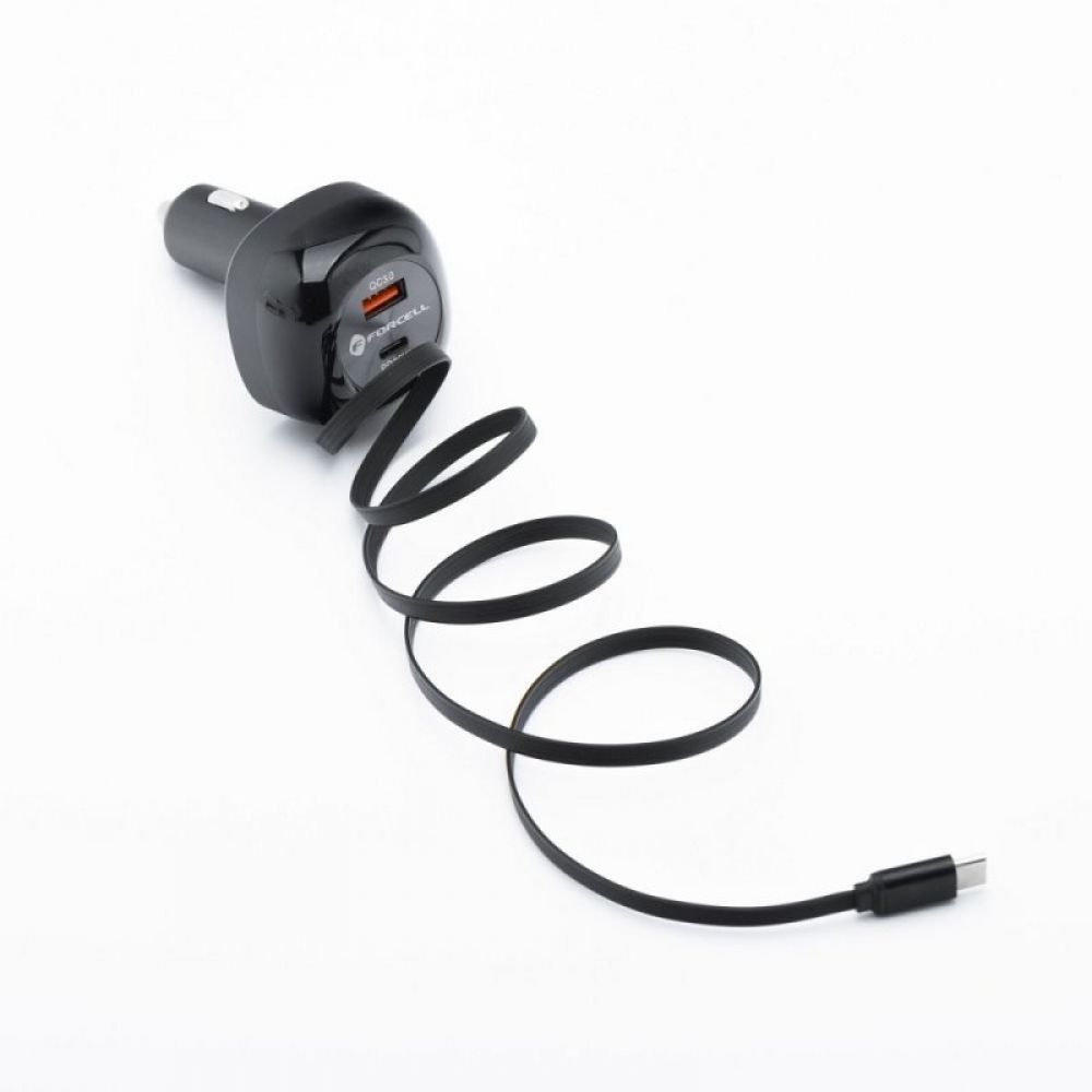 FORCELL F-ENERGY Alu auto punjac sa uvlacivim kablom Type C i Type C + USB A prikljuccima PD QC4.0 SFC2.0 3A 75W crni