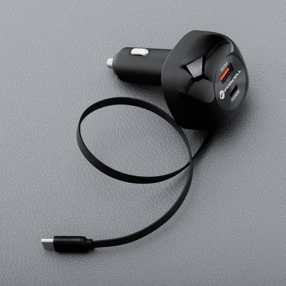 FORCELL F-ENERGY Alu auto punjac sa uvlacivim kablom Type C i Type C + USB A prikljuccima PD QC4.0 SFC2.0 3A 75W crni