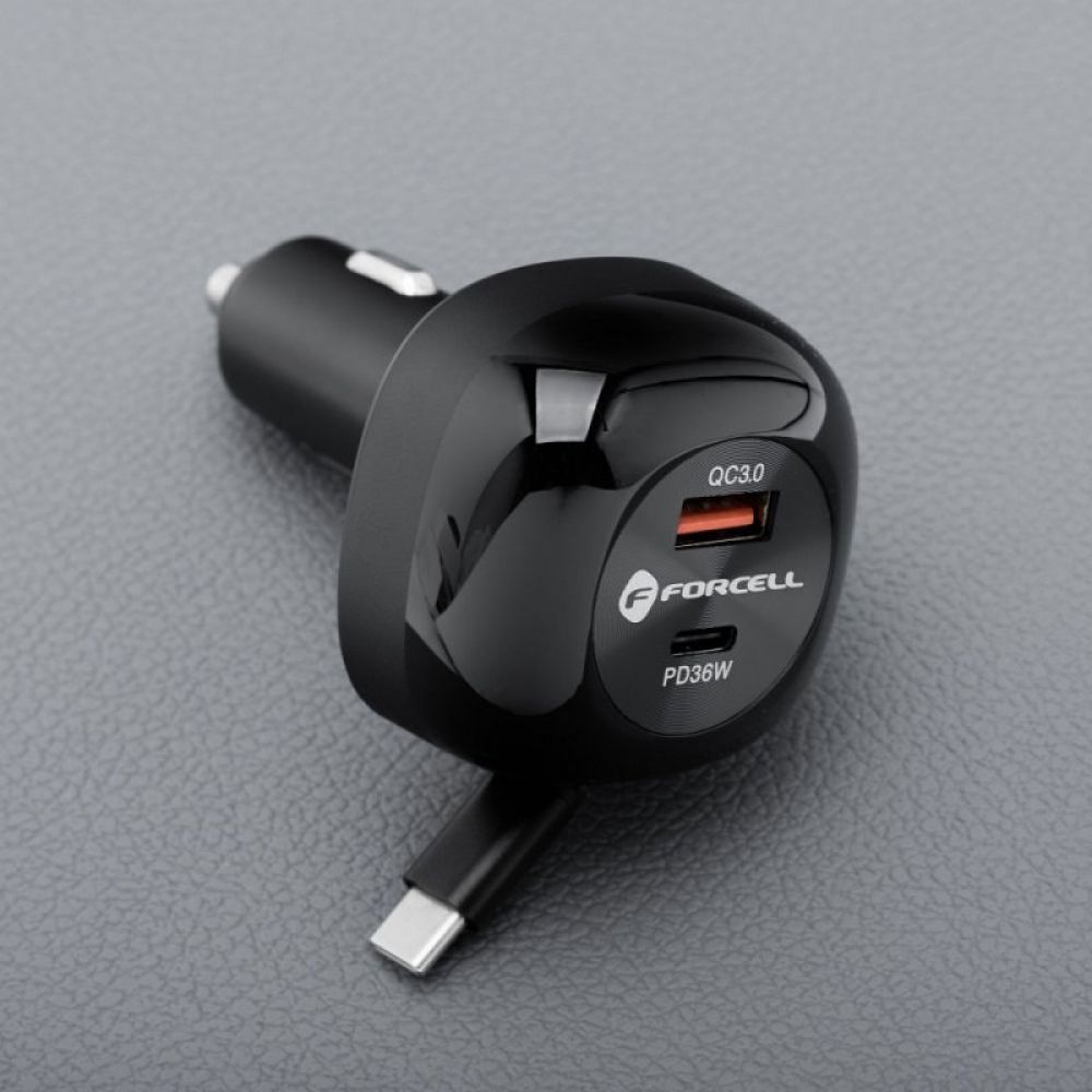 FORCELL F-ENERGY Alu auto punjac sa uvlacivim kablom Type C i Type C + USB A prikljuccima PD QC4.0 SFC2.0 3A 75W crni