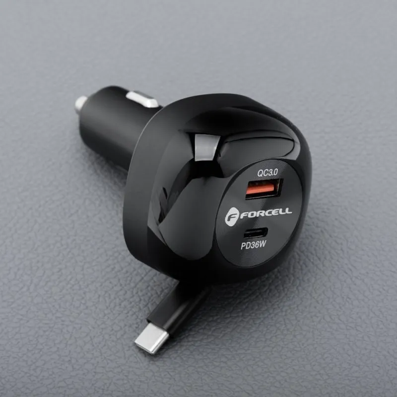 FORCELL F-ENERGY Alu auto punjac sa uvlacivim kablom Type C i Type C + USB A prikljuccima PD QC4.0 SFC2.0 3A 75W crni