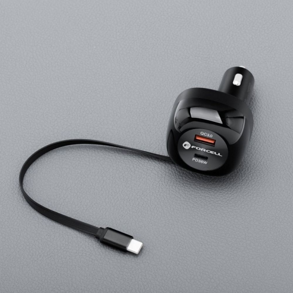 FORCELL F-ENERGY Alu auto punjac sa uvlacivim kablom Type C i Type C + USB A prikljuccima PD QC4.0 SFC2.0 3A 75W crni