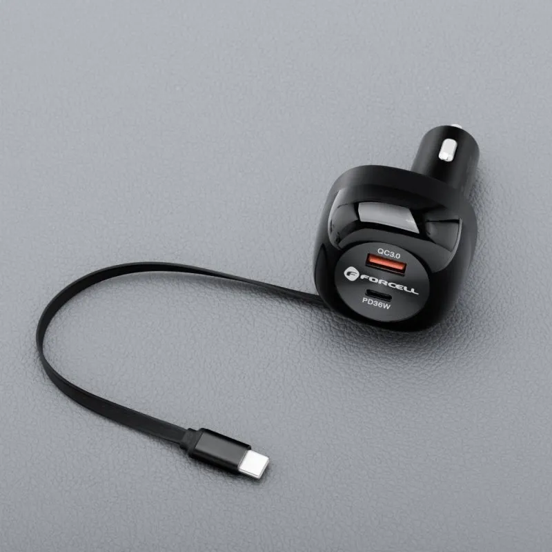 FORCELL F-ENERGY Alu auto punjac sa uvlacivim kablom Type C i Type C + USB A prikljuccima PD QC4.0 SFC2.0 3A 75W crni