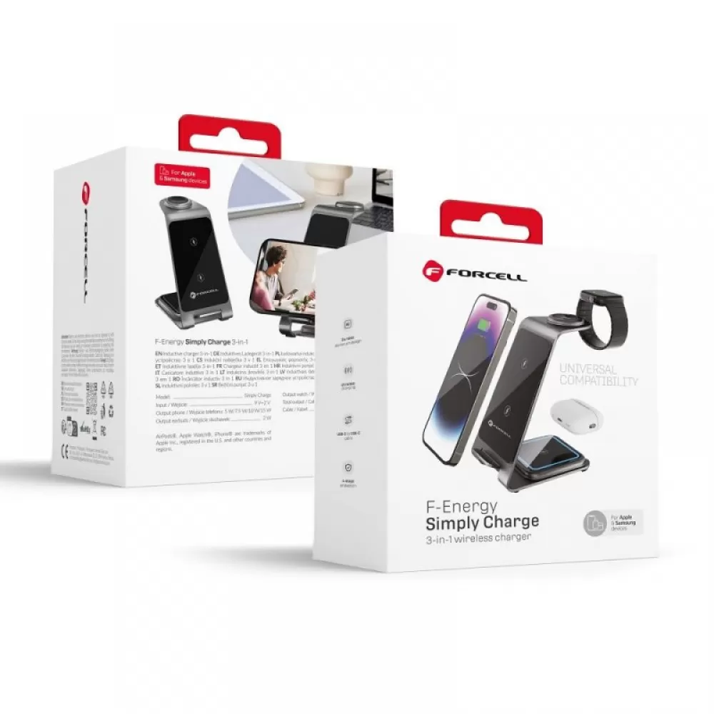 Forcell F-ENERGY Simply Charge 3u1 bezicni punjac od aluminijuma kompatibilan sa Apple Watch i Samsung Watch sivi