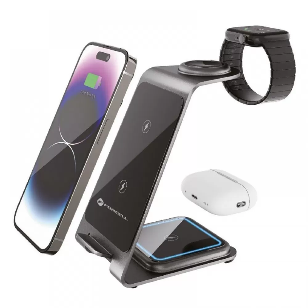 Forcell F-ENERGY Simply Charge 3u1 bezicni punjac od aluminijuma kompatibilan sa Apple Watch i Samsung Watch sivi
