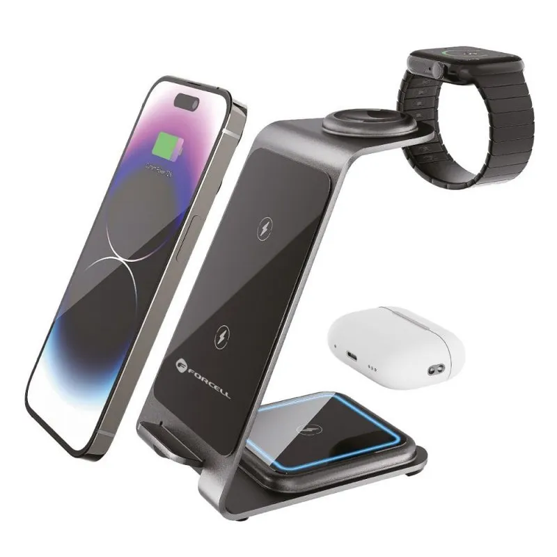 Forcell F-ENERGY Simply Charge 3u1 bezicni punjac od aluminijuma kompatibilan sa Apple Watch i Samsung Watch sivi
