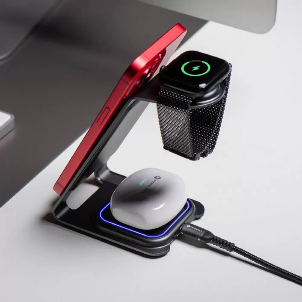 Forcell F-ENERGY Simply Charge 3u1 bezicni punjac od aluminijuma kompatibilan sa Apple Watch i Samsung Watch sivi