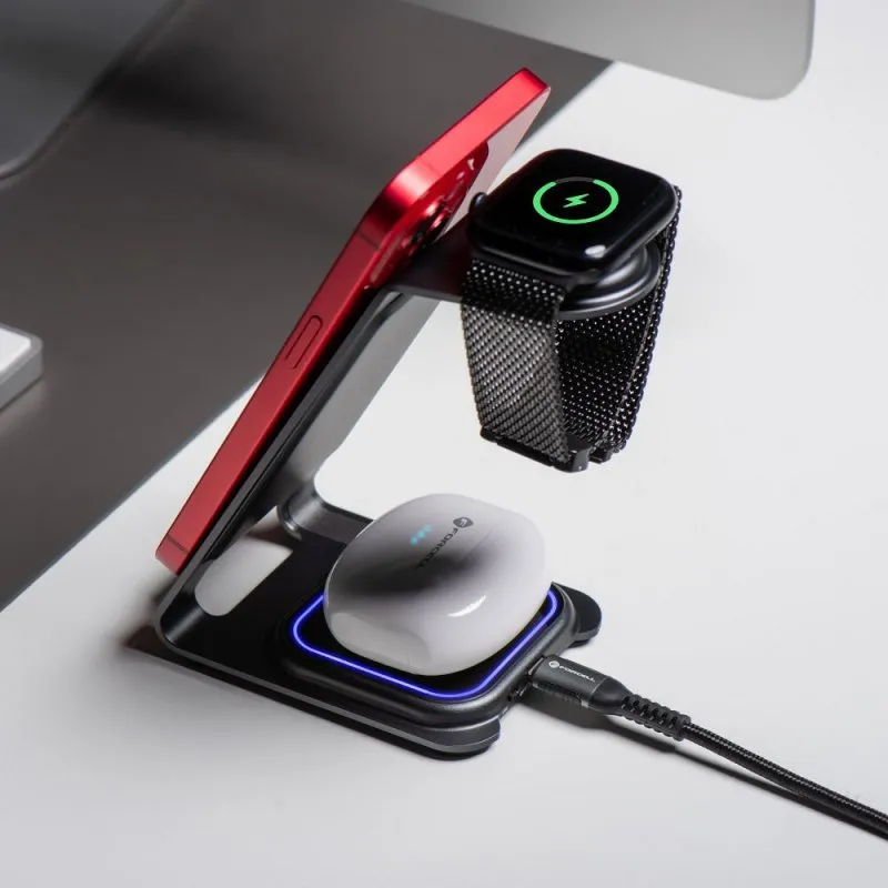 Forcell F-ENERGY Simply Charge 3u1 bezicni punjac od aluminijuma kompatibilan sa Apple Watch i Samsung Watch sivi