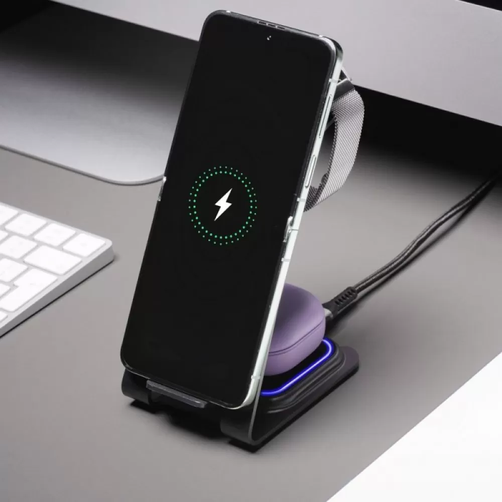 Forcell F-ENERGY Simply Charge 3u1 bezicni punjac od aluminijuma kompatibilan sa Apple Watch i Samsung Watch sivi