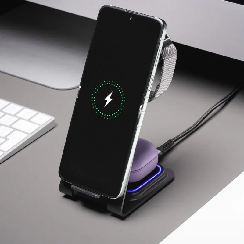 Forcell F-ENERGY Simply Charge 3u1 bezicni punjac od aluminijuma kompatibilan sa Apple Watch i Samsung Watch sivi