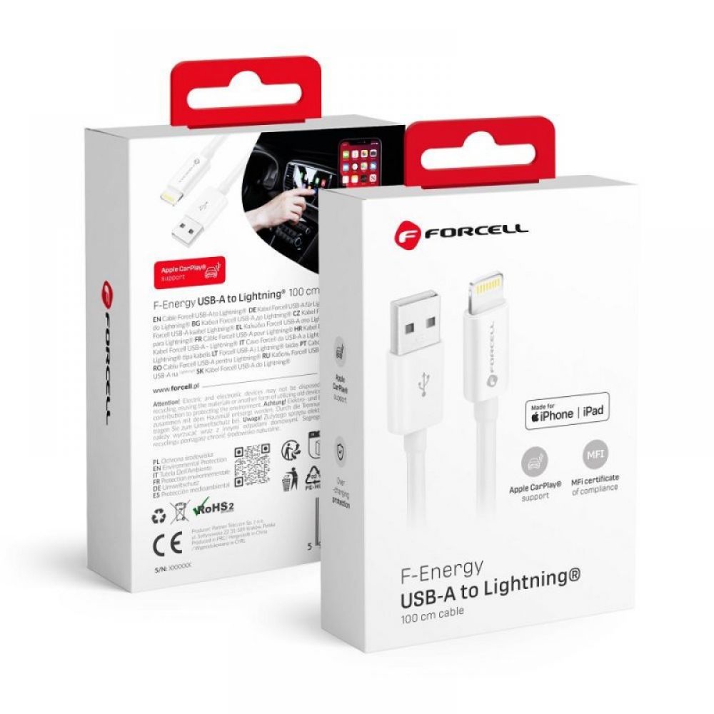 FORCELL F-ENERGY C703 kabl USB A na Lightning MFi 2,4A 12W 1 m beli