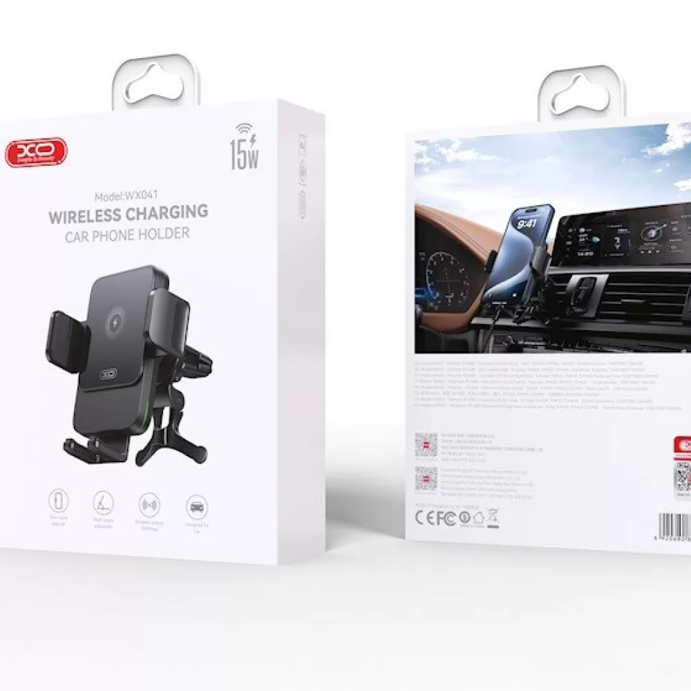 XO auto drzac WX041 sa bezicnim induktivnim punjacem 15W crni za ventil