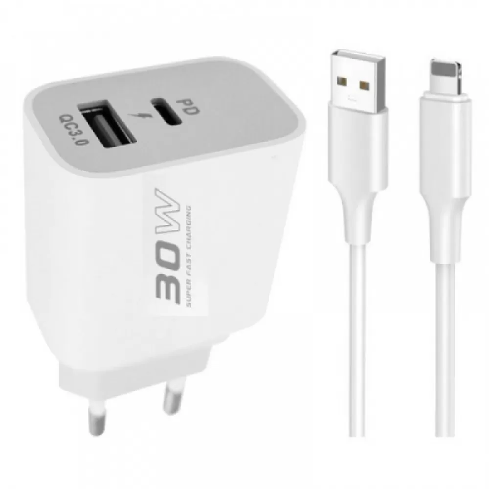 Kucni punjac KONFULON C89Q + DL48 FAST CHARGE USB 22.5W + PD 30W USB na Lightning beli