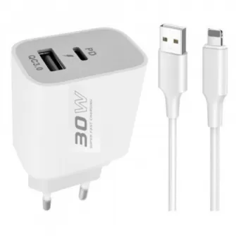 Kucni punjac KONFULON C89Q + DL48 FAST CHARGE USB 22.5W + PD 30W USB na Lightning beli