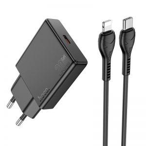 HOCO tanki zidni punjac Type C + kabl Type C na Lightning PD QC 30W N37 crni