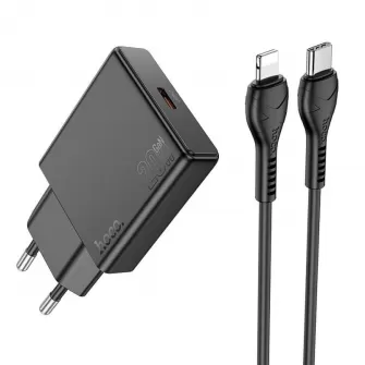 HOCO tanki zidni punjac Type C + kabl Type C na Lightning PD QC 30W N37 crni