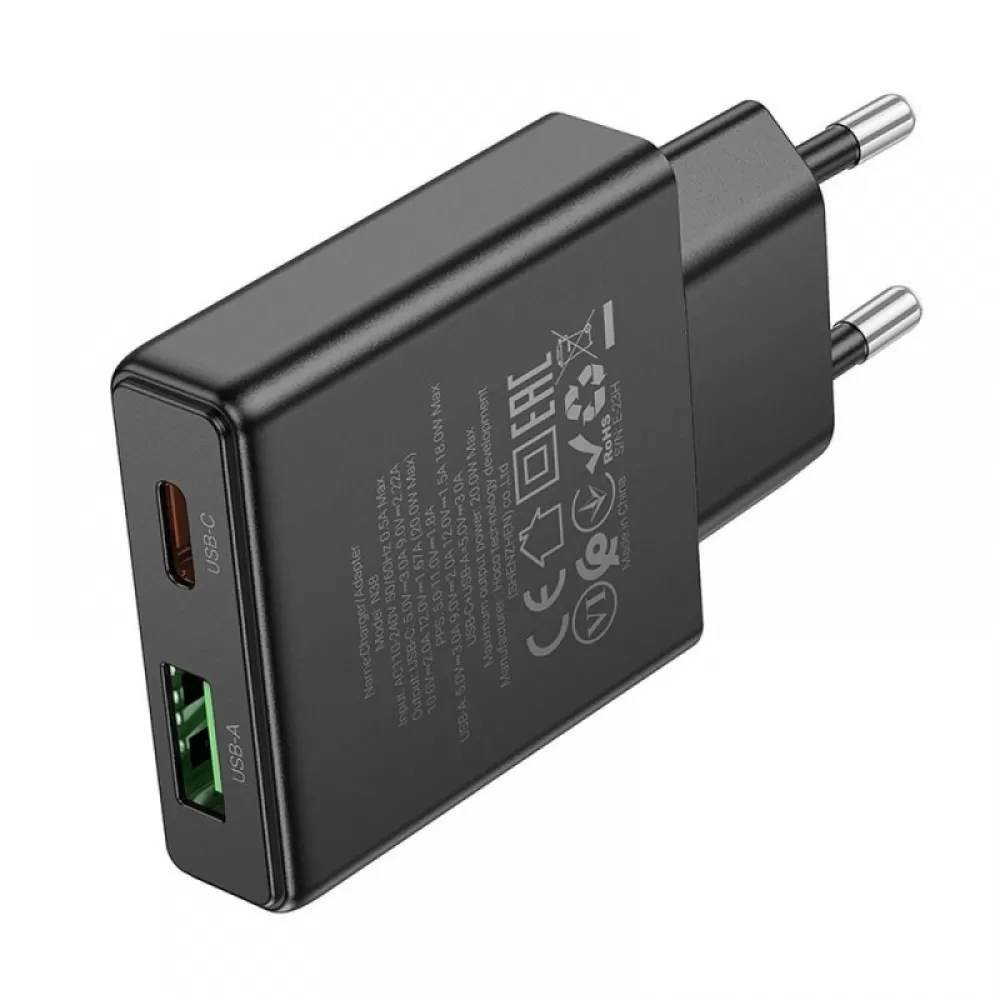 HOCO tanki zidni punjac USB A + Type C PD QC3.0 3A 20W N38 crni