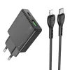 HOCO tanki zidni punjac USB A + Type C sa Type C na Lightning kablom PD QC3.0 3A 20W N38 crni
