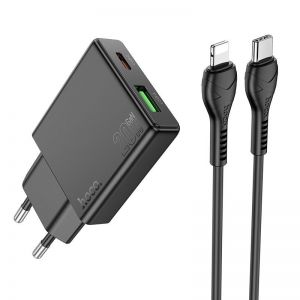 HOCO tanki zidni punjac USB A + Type C sa Type C na Lightning kablom PD QC3.0 3A 20W N38 crni